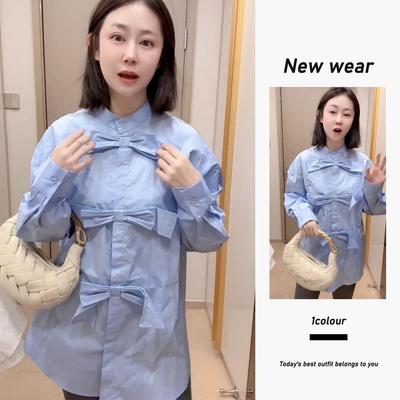 2026 Forår Dame Sløjfe Blå Koreansk Stil Slankende Top - Elegant, Alsidig og Ungdommelig