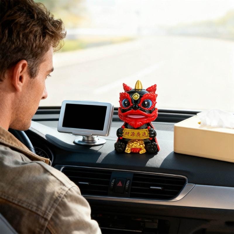 Lucky Lions Dance Solar Car Decoration Traditional Festival Dashboards Ornament Easy Installation For Home And Vehicle