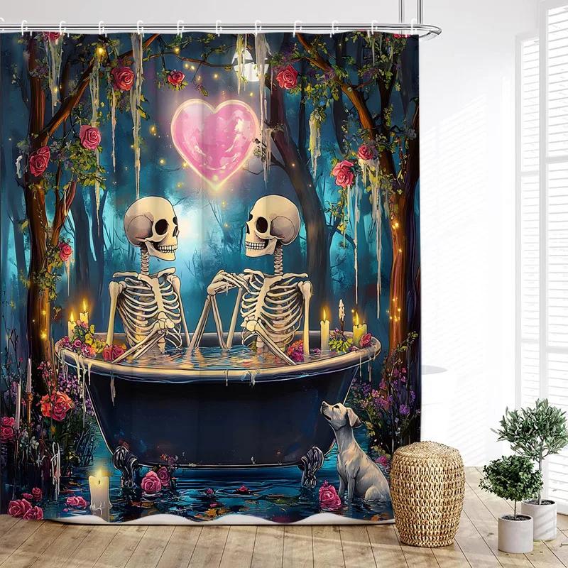 Fun Bathing Lovers Skeleton Shower Curtains Forest Rose Flowers Tree Heart Valentine'S Day Bathroom Curtain Fabric Home Decor