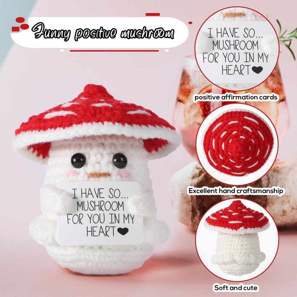 Crochet Positive Energy Mushroom Hug Pocket Doll Mini Handmade Plush Knitted Plant Ornament Home Room Decoration Christams Gift