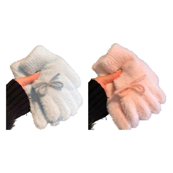 Women Fuzzy Thermal Gloves Fluffy Winter Thick Full Finger Gloves with Bows Solid Color Cute Warm Plush Gloves for Girls Cycling Daily Errands