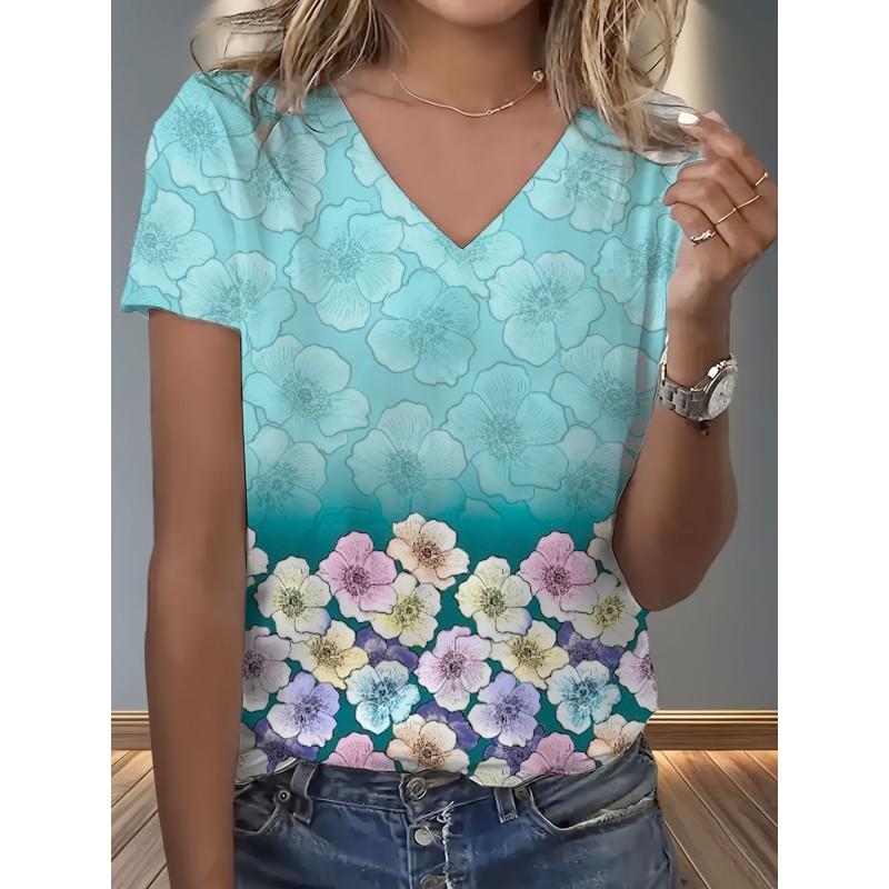 Womens V-Neck Loose Fit Short Sleeve T-Shirt With Colorful Geometric Starry Print Casual Top