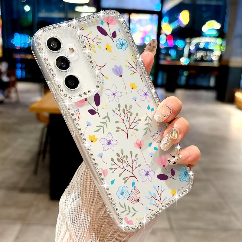 Floral Print Diamond Frame Phone Case For Samsung S25 Edge S24 FE S23 Ultra S22 A56 A36 A16 A15 A55 A35 Clear Shockproof Soft Silicone Cover