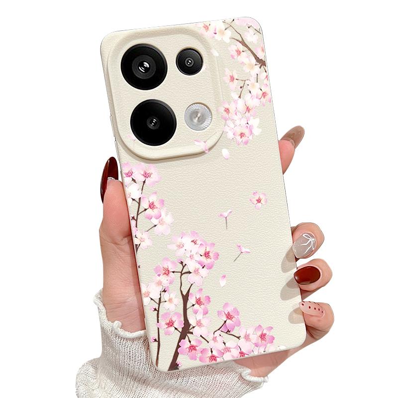 Rosa Pfirsichblüten Blumenmuster Hülle Für Xiaomi 14T 13T 11T Pro Funda Redmi Note 14 13 12 11 Pro 5G 4G Lederstruktur Silikonabdeckung