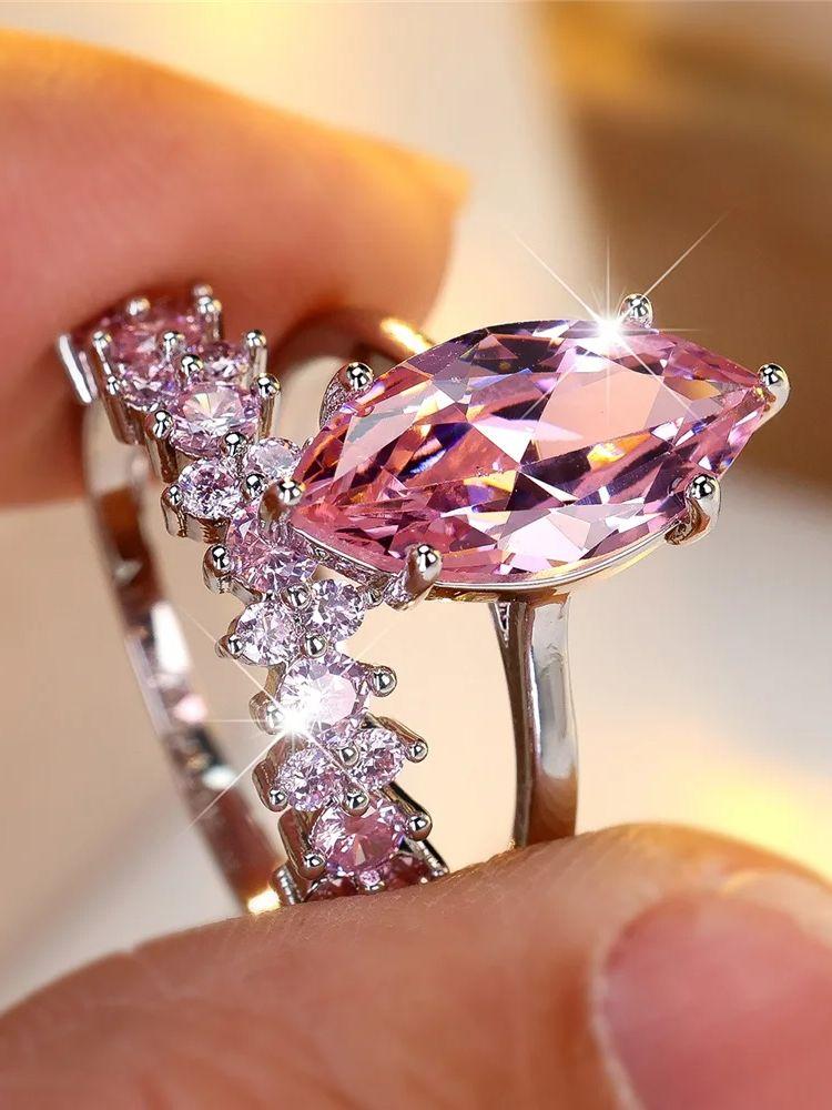 Female Pink Zircon Stone Engagement Ring Set Vintage CopperColor Bridal Wedding Bands Party Jewelry For Women