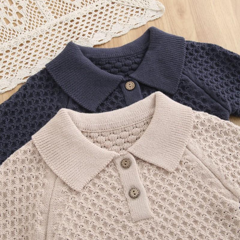 Baby Cotton Knit Polo Neck Romper With Snap Crotch Long Sleeve Toddler Boys Winter