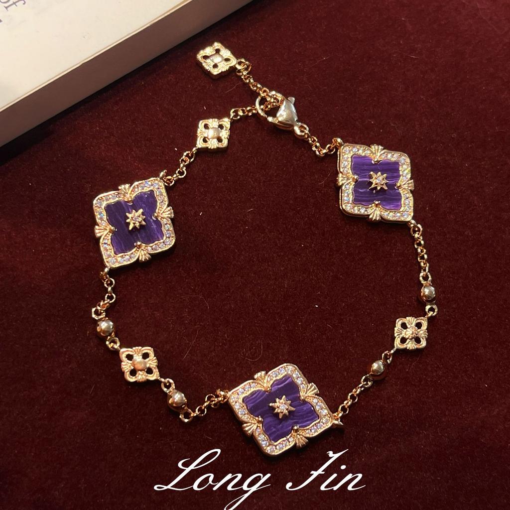 French Retro Four-Leaf Clover Window Grilles, Purple Dragon Crystal Jewelry Set, Necklace, Bracelet, Earrings, And A Ring.