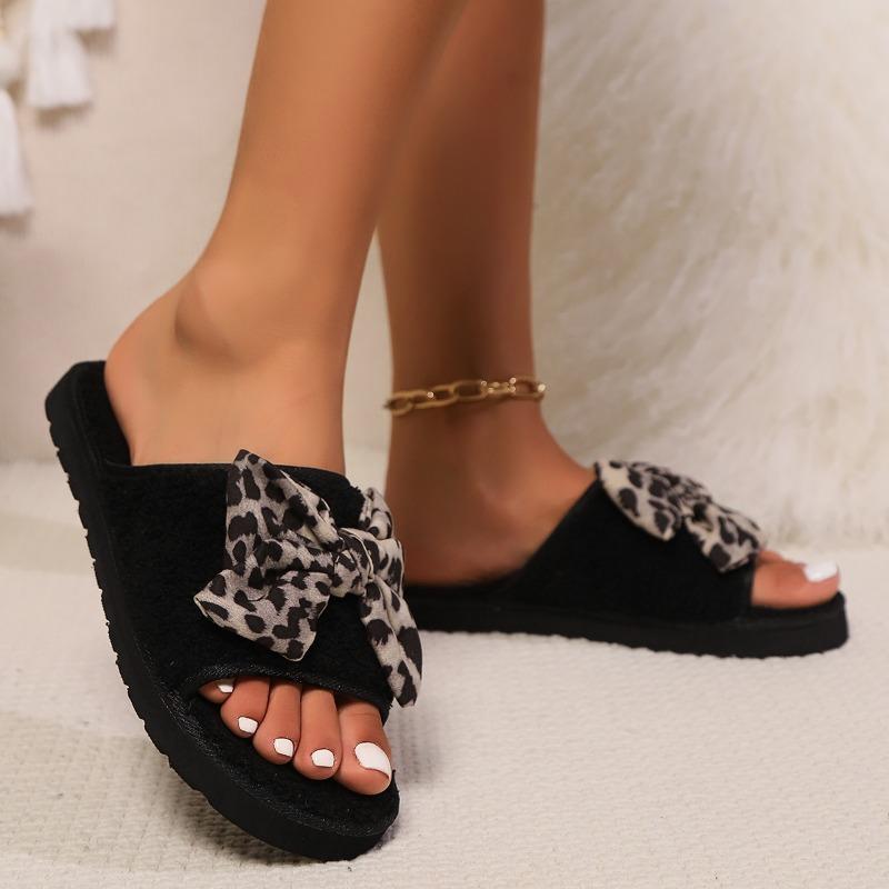 Fashion Women's Shoes New Open Toe Women's Slippers Autumn Bow Tie Leopard Print Mixed Color Flat Casual Comfortable Slippers