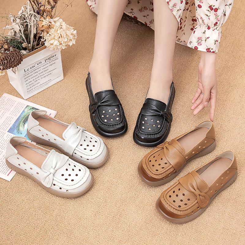 Fashion Genuine Leather Soft Sole Shallow Mouth Women's Shoes Hollow Out Breathable Casual Sneakers Comfort Women Flat Single Shoes