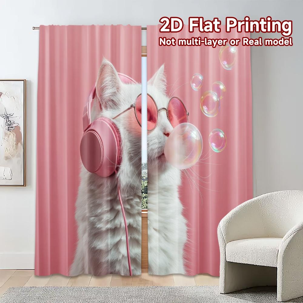 2pcs, 2D FLAT PRINTING Curtains (Without Rod) Cool Cat Harmony Popular Curtains Digital Printed 100% Polyester Curtains