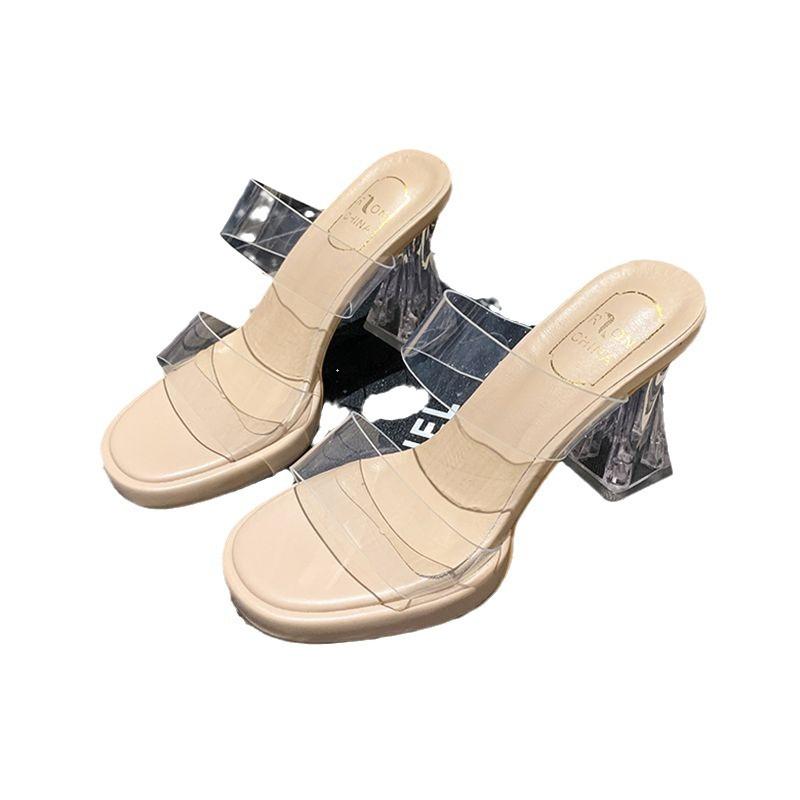 Šlápnutí do hovna, vodotěsný stůl se silným dnem, průhledné slovo s pantoflemi na vysokém podpatku, ženy nosí křišťálové a chladné pantofle na silném podpatku v s