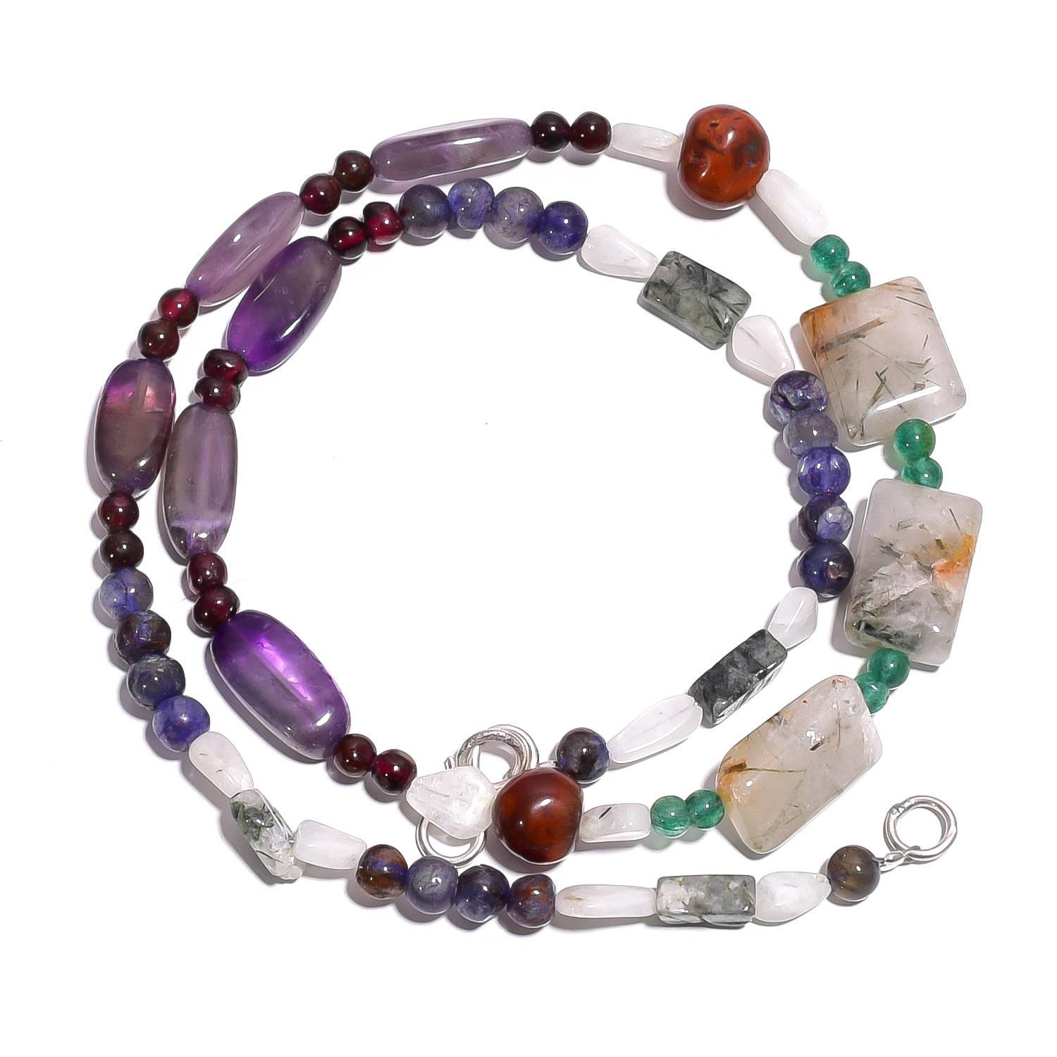 

Natural Amethyst Rutile Quartz Lapis Lazuli Gemstone Beads Necklace 17 UB-4309 UB-4309