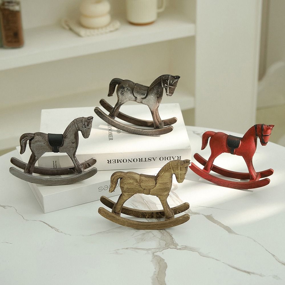 Wooden Craft Wooden Rocking Horse Wooden Horse Animal Figurines Desk Decor  Desktop Bar