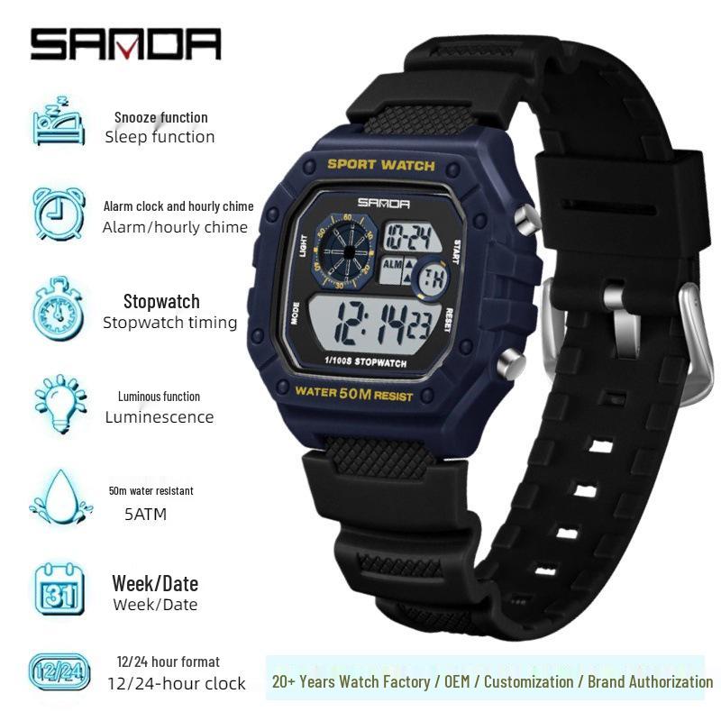 Sanda Multifunktionale Leuchtende Wasserdichte Unisex Quadratische Elektronische Uhr