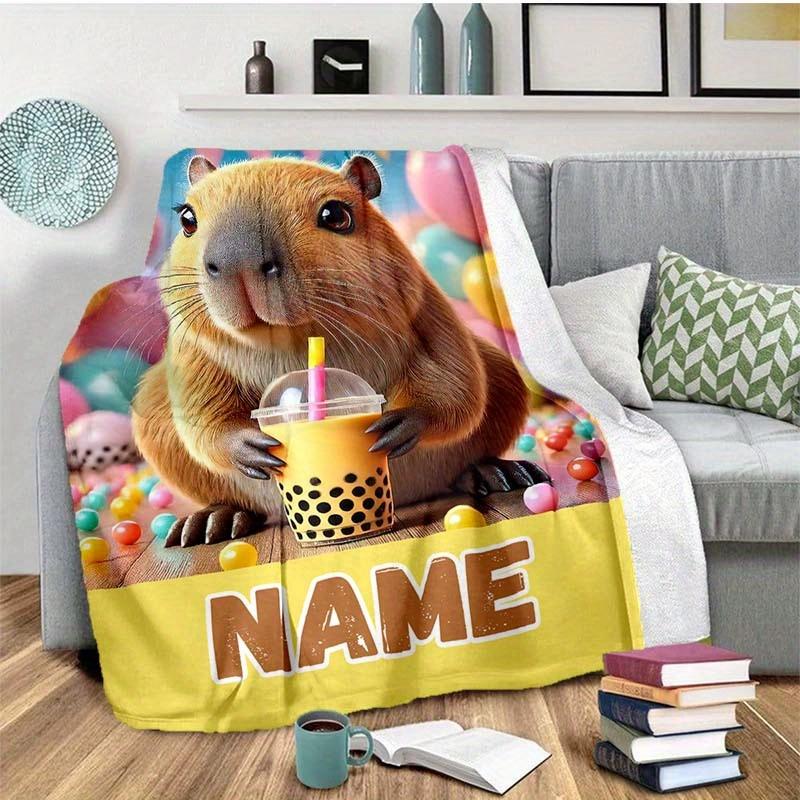 Kapibala Drinks Milk Tea Customize Your Name Blanket Warm Comfortable And Soft Blankets Are Suitable For Home Chairs Office Sofas Sofas Office Camping