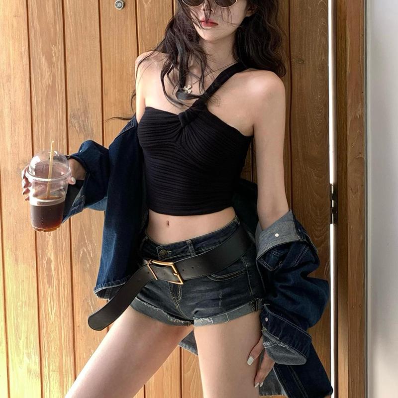 Sommer Sexy Schulterfreier Gestrickter Weste Damen Schick Falten Ärmellos Schlank Crop Top