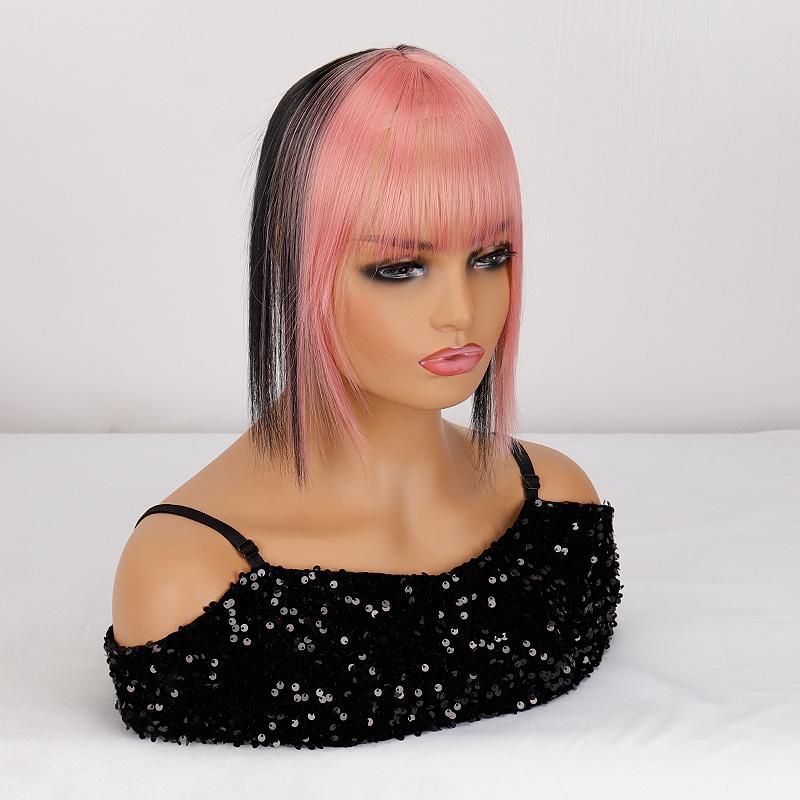 

XINRAN женские модные прямые волосы до плеч с тупой челкой, шиньон из синтетического волокна, черный, смешанный розовый цвет 25 cm