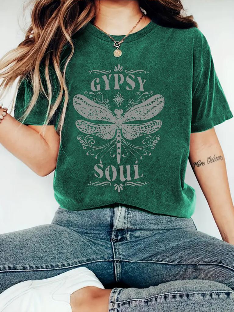 Women's New Cute Printed Short Sleeve Dragonfly Printed Round Neck Loose Short Sleeve