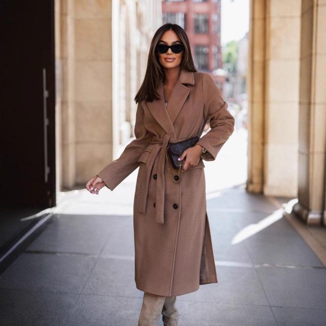 Dam 2023 Höst/Vinter Ullkappa - Långärmad, Kavajkrage, Knytförslutning