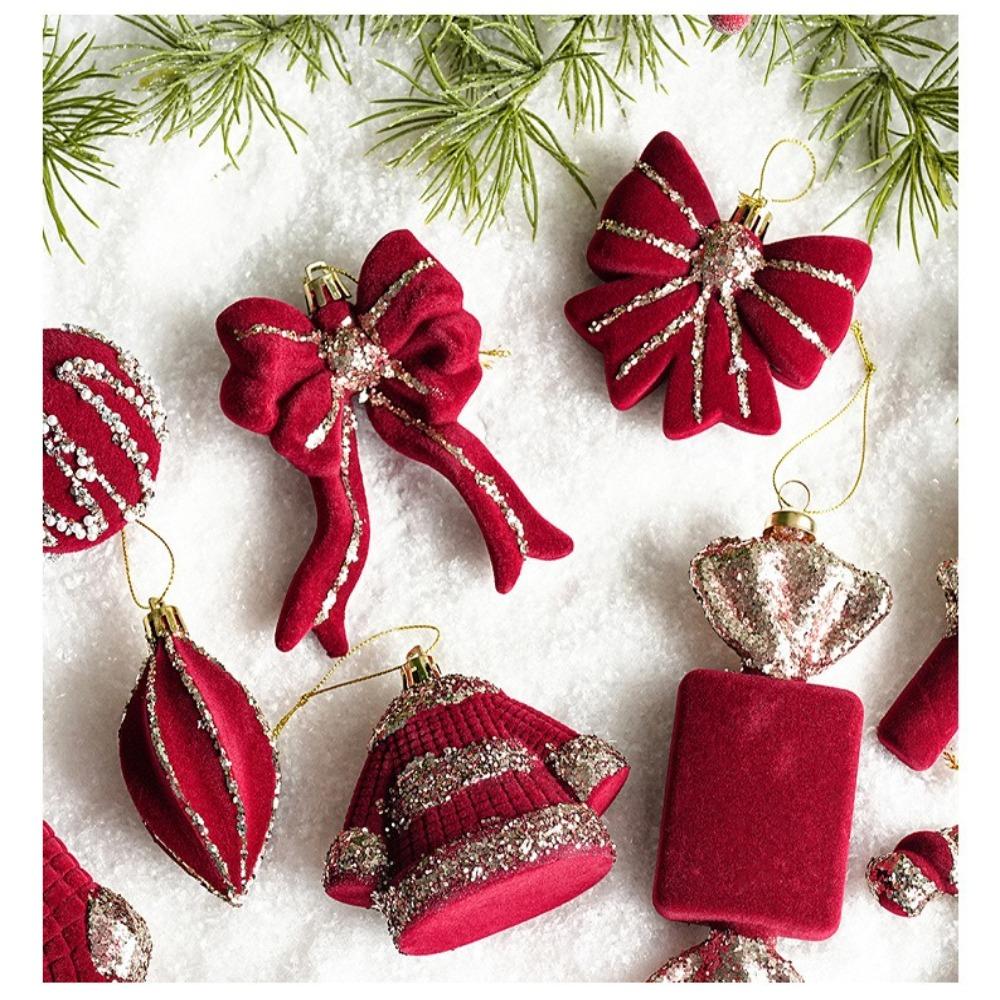 2PCS Flocked Surface Christmas Ornament Wine Red Color Holiday Ornament Xmas Decor  Home Layout