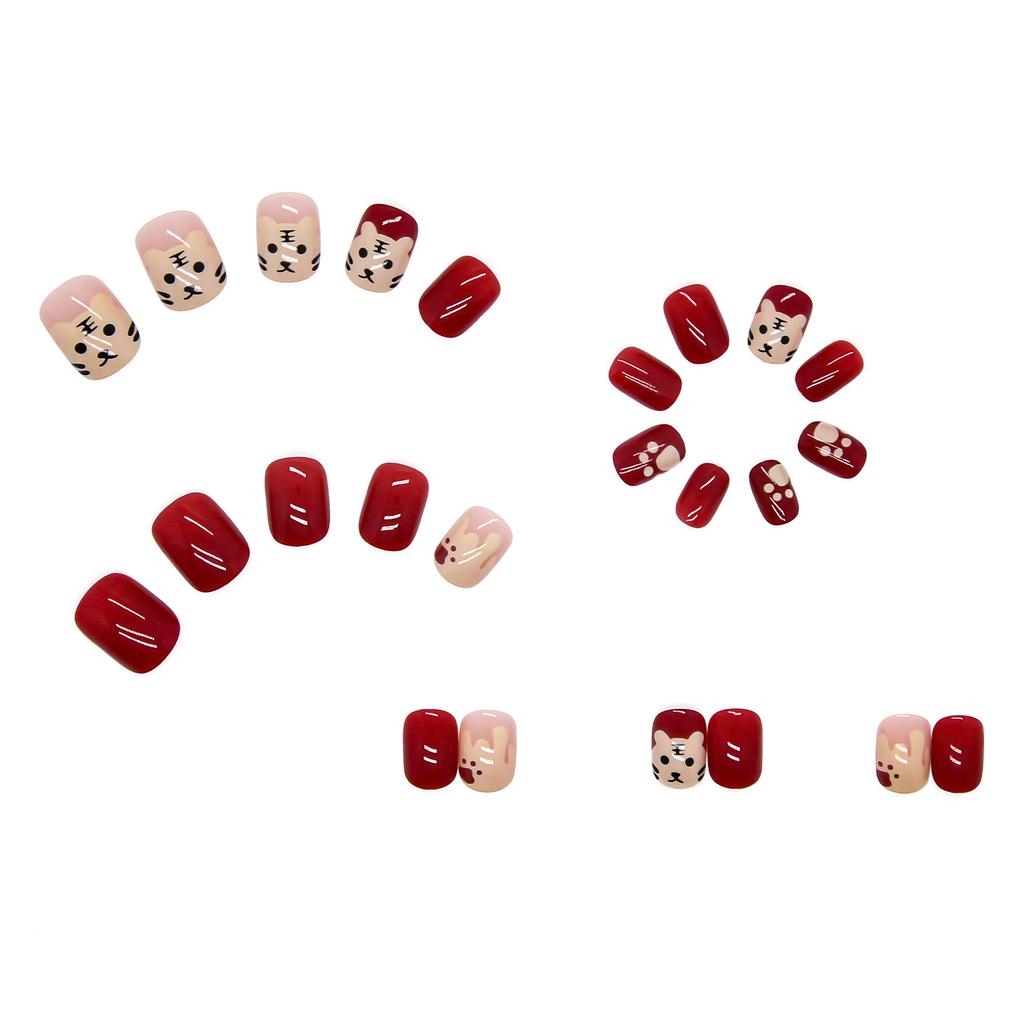 Artificial Nails Wearable Nails New Year Cute Tiger Manicure Nail Stickers Short Fake Nails Red Tiger Year Nails Removable