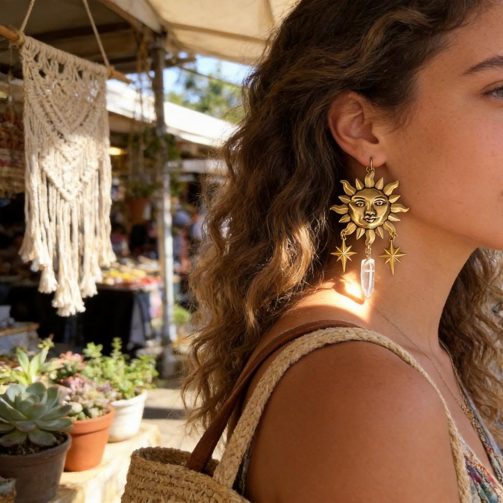 Bohemian Moon Sun Star Alloy Dangle Earrings For Women With Vintage Style