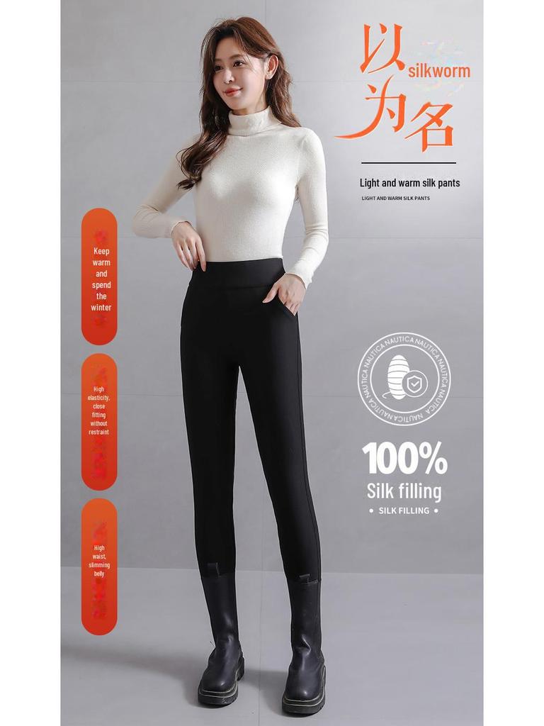 Women's High Waist Thick Wool Blend Leggings Extra Warm Fleece-Lined Knee Pad Pants