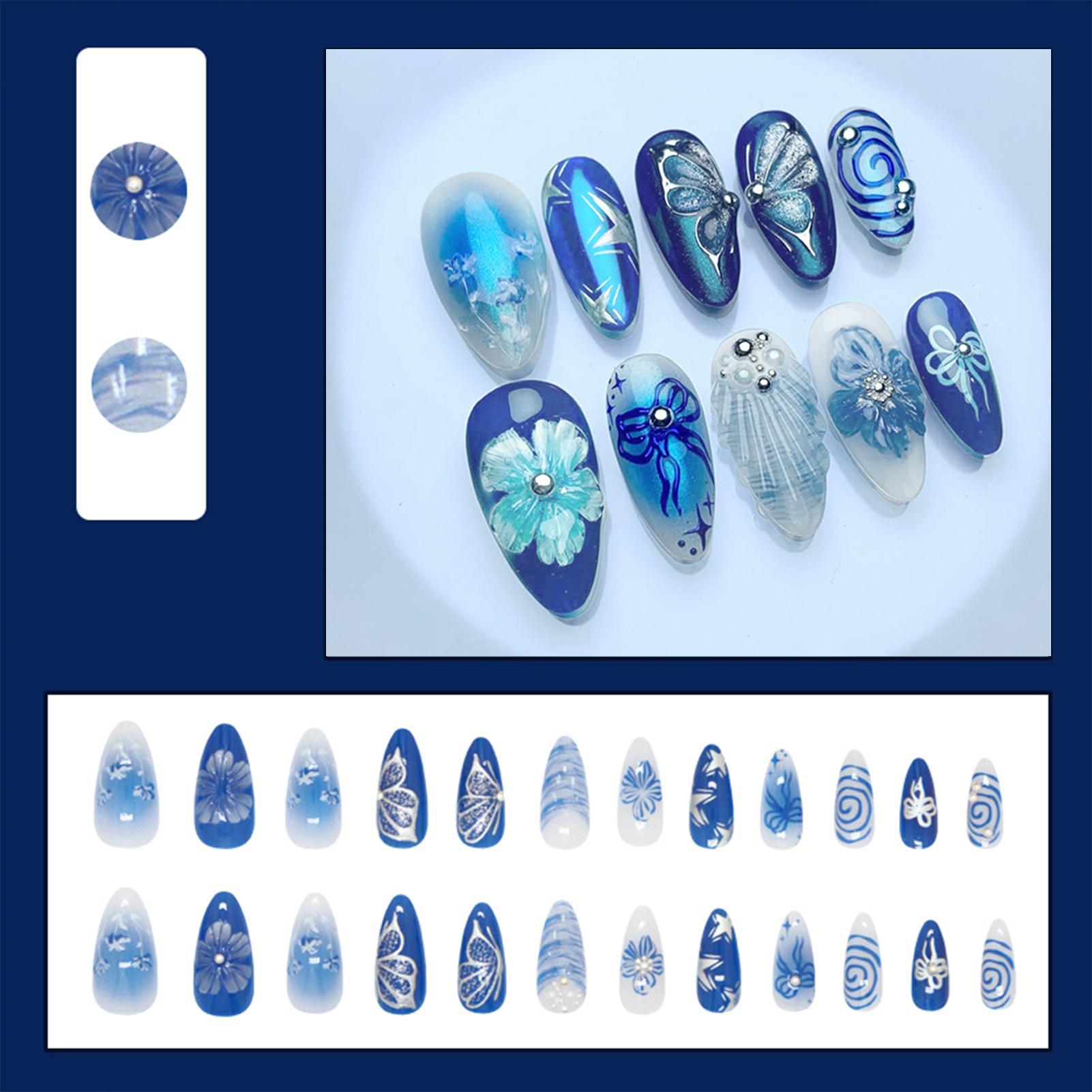 Z1102 3D Floral Blue Ocean Butterfly Pearl Shell Pattern Fake Nails 24Pcs A синий