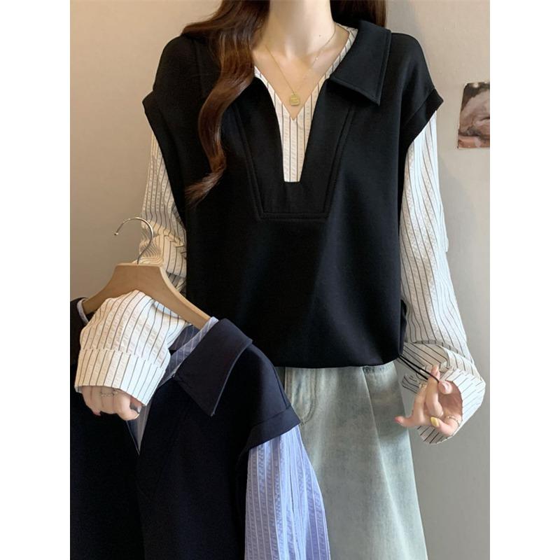 Fake Two-piece Long-sleeved POLO Collar Shirt Autumn Korean Style Slimming Top