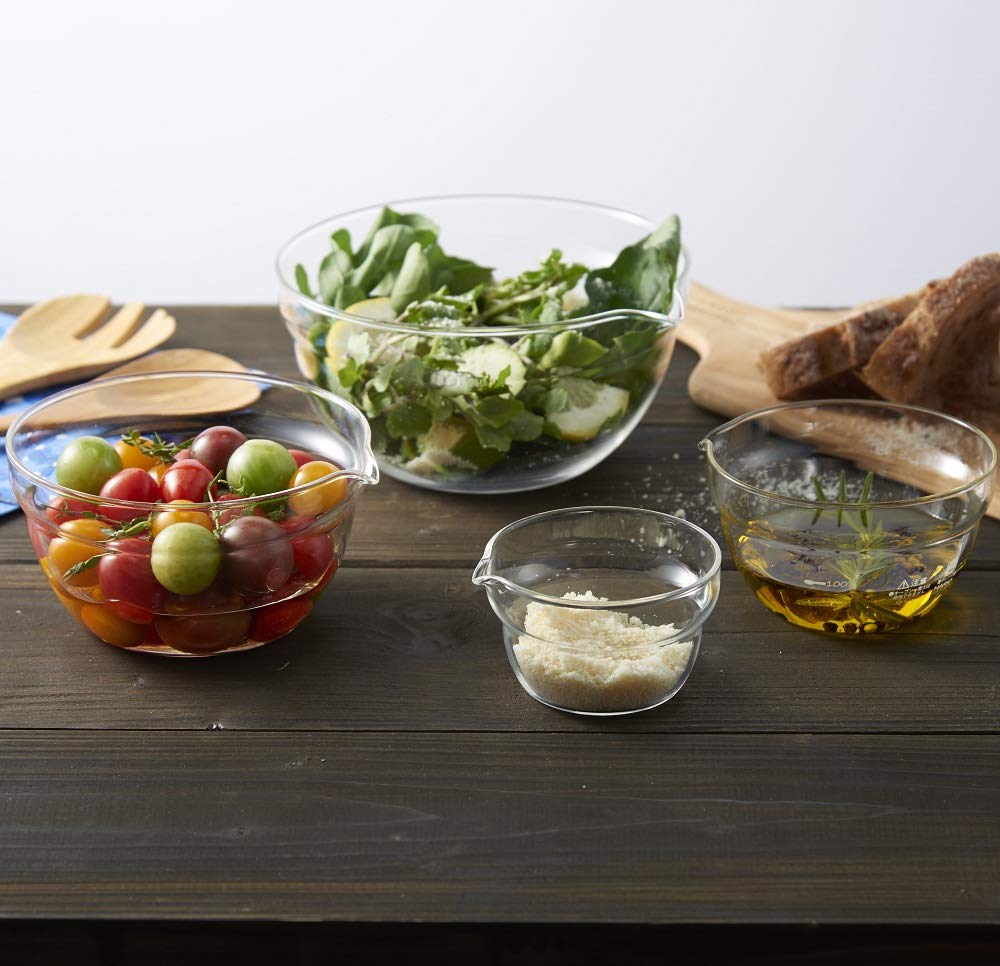 Hario Bol cu o singură gură, din sticlă rezistentă la căldură, set de 4 boluri multiple, transparent, fabricat în Japonia KB-2518