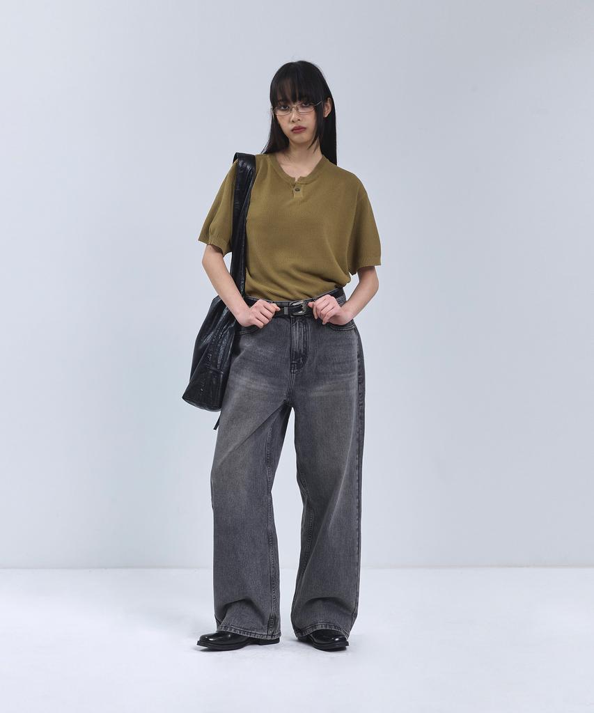 IRONYPORNO WHITELINE 86-Iro355 Basic One-Button Round Short Sleeve Knit Khaki Brown