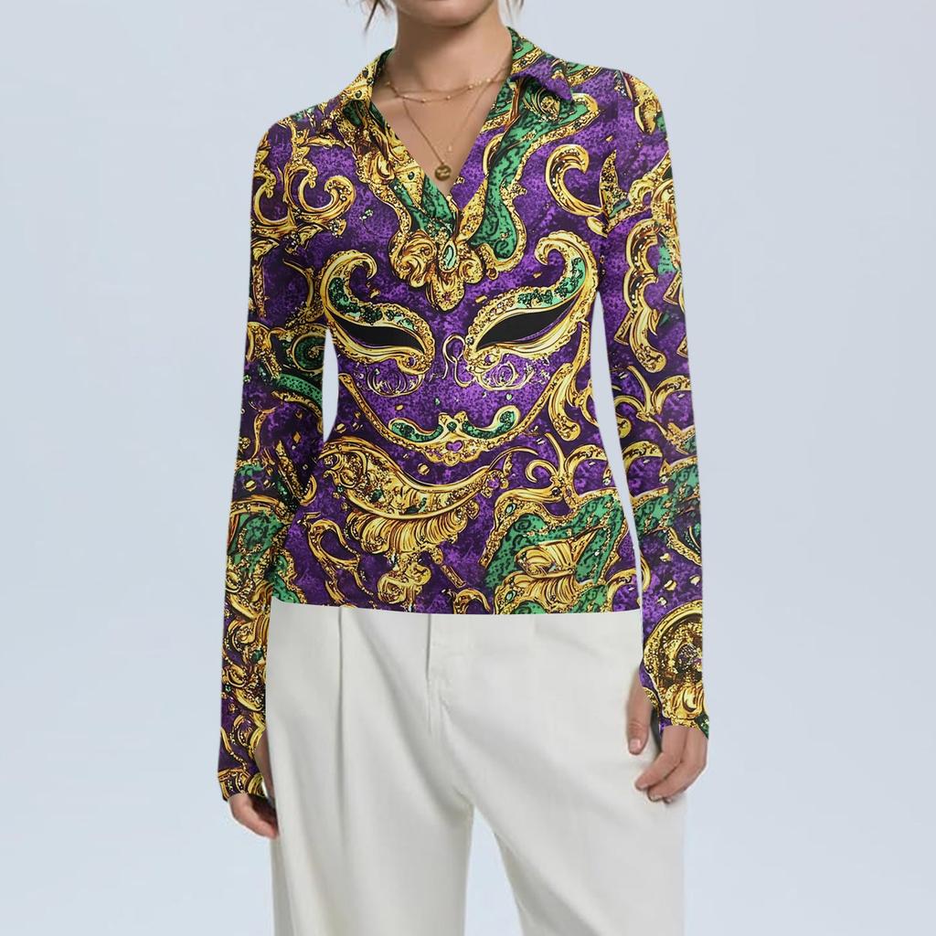 Women's Fashion Casual Print V-Neck Long Sleeve Button-Down Top