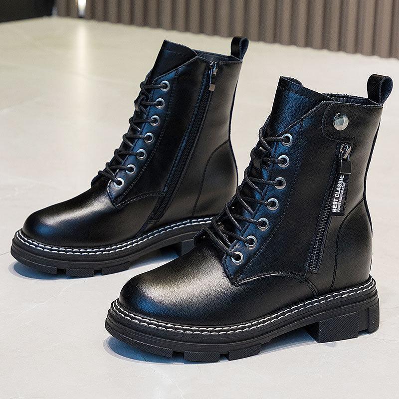 Autumn Fleece Genuine Leather Women's Platform Height Increasing Insole Double-Sided Zipper Casual Slimming Female Student Shoes