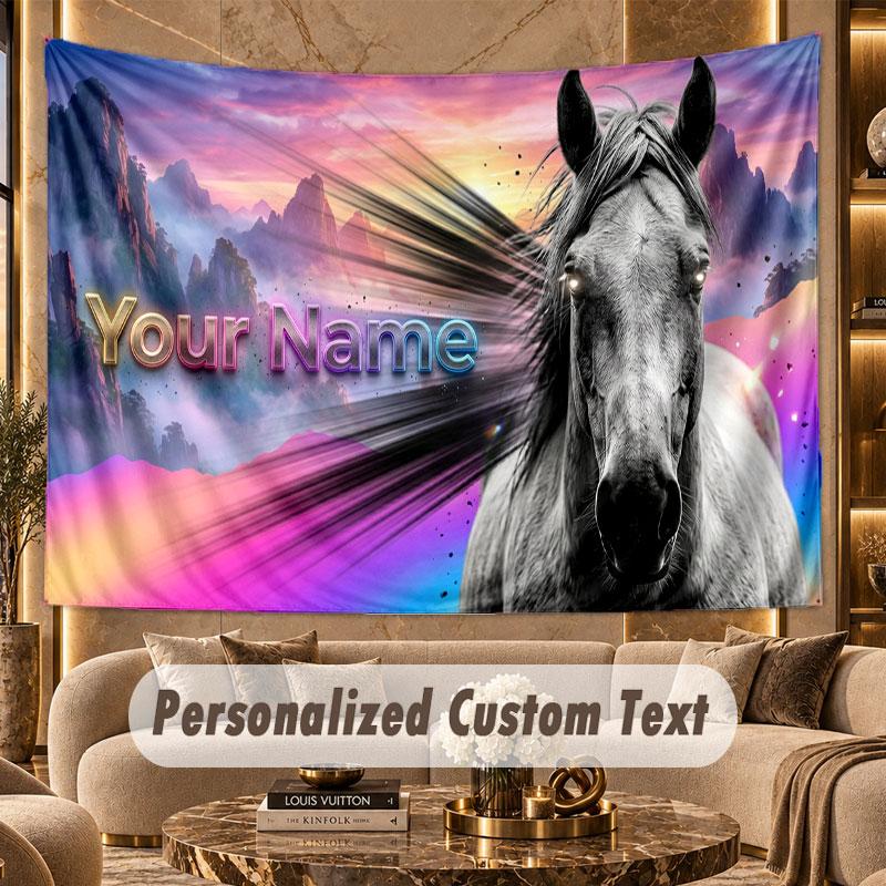 Horse (112) Theme Personalized Tapestry Custom Name Text Wall Hanging Tapestry Home Background Decoration