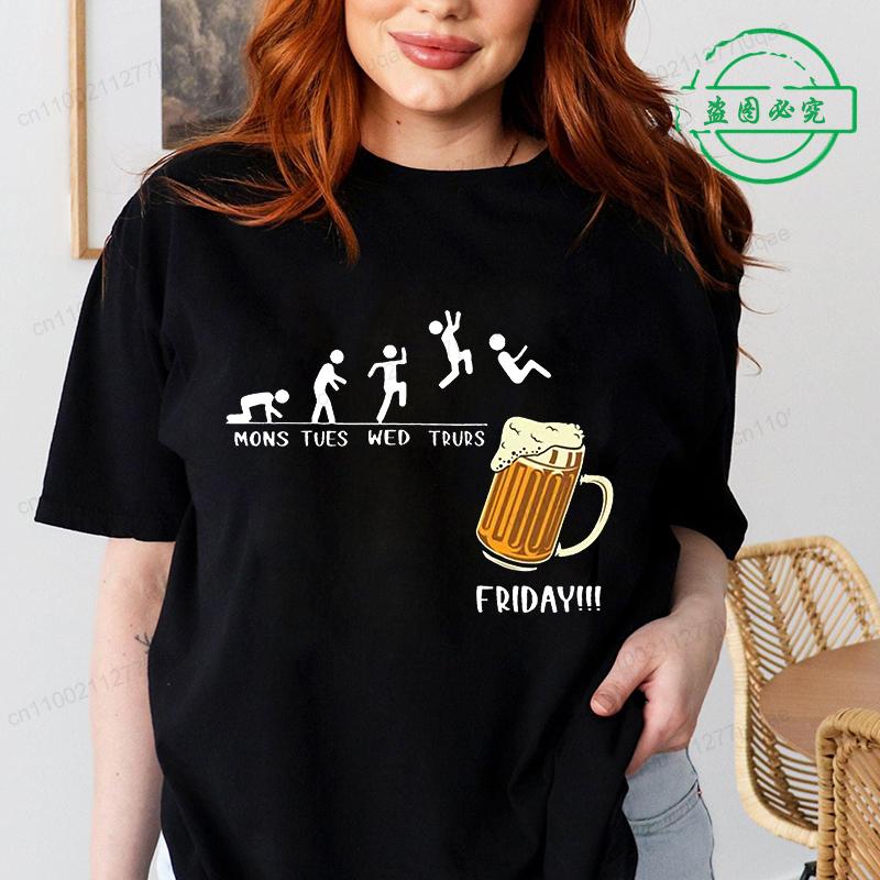 Women T Shirt Monday To Friday Drink Beer Funny Sports Fashion Casual T-shirt Skeleton FRIDAY Beer Graphic Tshirts Women Clothes