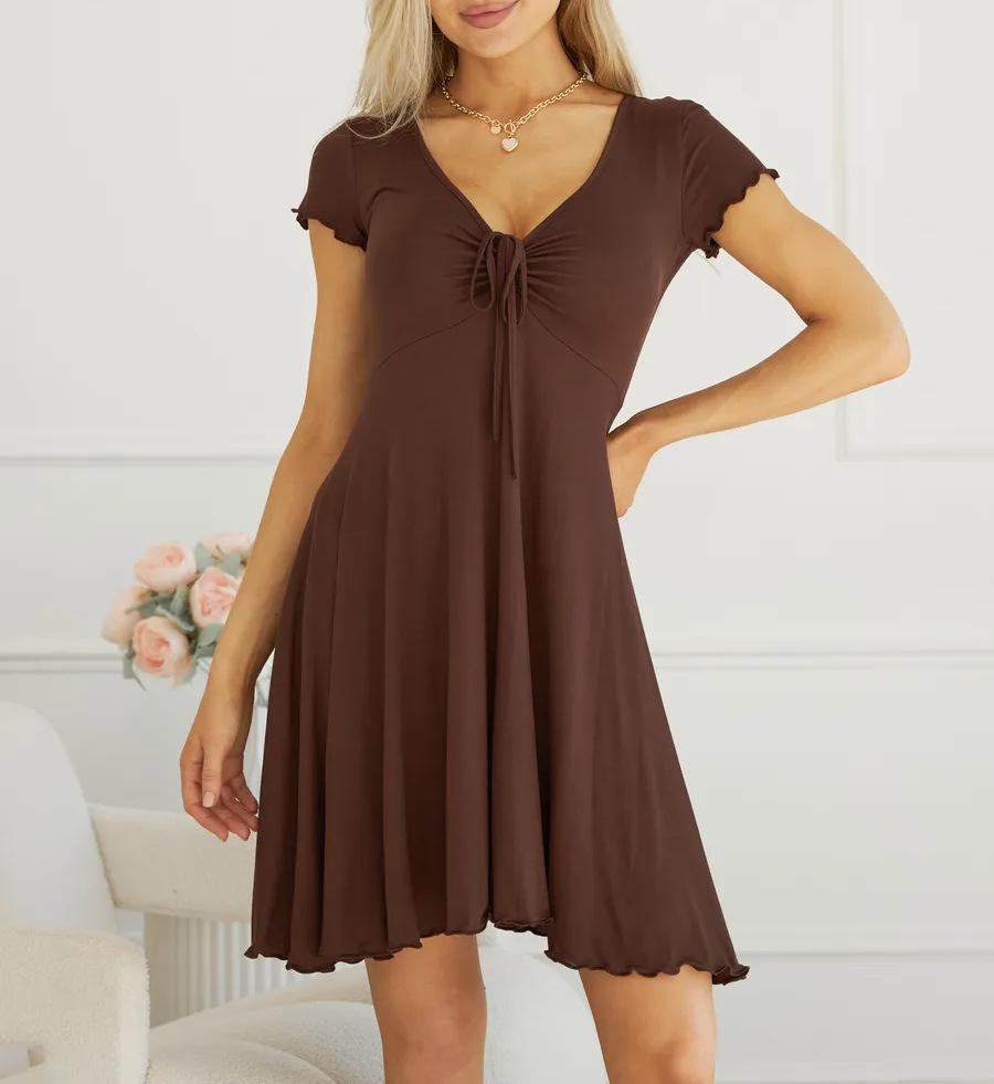 Summer new European and American style V-neck drawstring dress, solid color slim and thin ruffle edge short-sleeved A-shaped skirt
