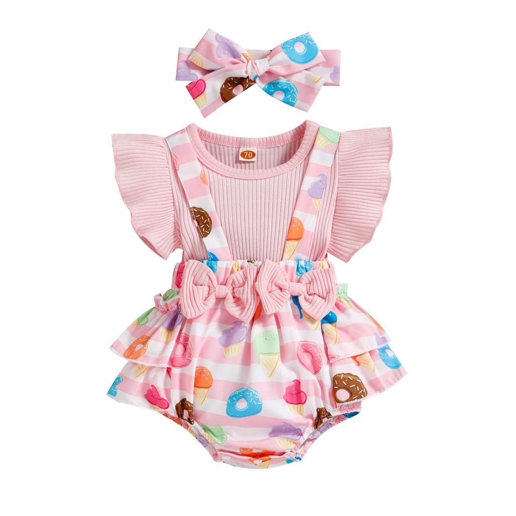Baby Mädchen Outfit Set Fake Zweiteiler Hosenträger Schleife Patchwork Donut/Blumen bedruckt Rüschen Dreieck Strampler mit Stirnband