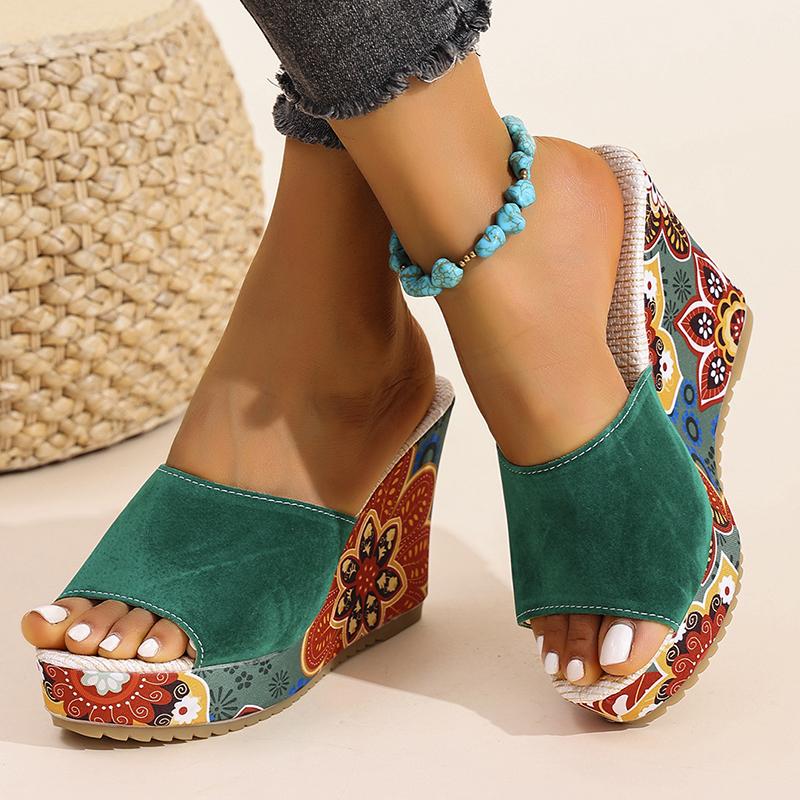 

Босоножки на танкетке с цветочным принтом для женщин, лето 2025 г., тапочки в этническом стиле на толстой платформе, женские шлепанцы с открытым носком и толстой подошвой 35 зелёный