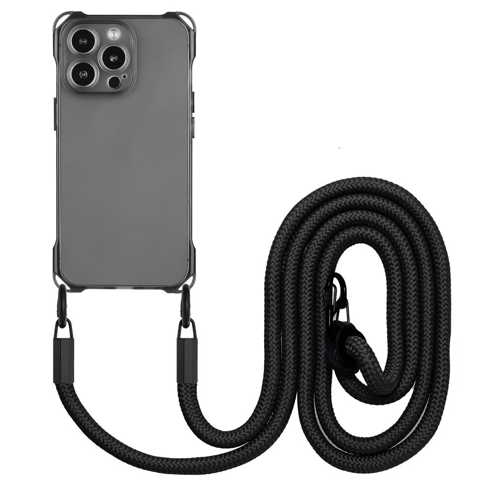 

For iPhone 16 Pro TPU Case Four Corner Drop-Proof Back Cover with Long Strap Black