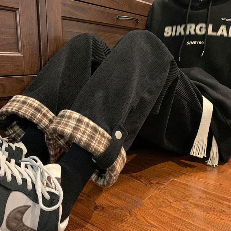 

Жіночі картаті вельветові штани з високою посадкою та широкими штанинами на флісовій підкладці - Петіт, вільного крою, зі стилем підвороту для весни/осені. S