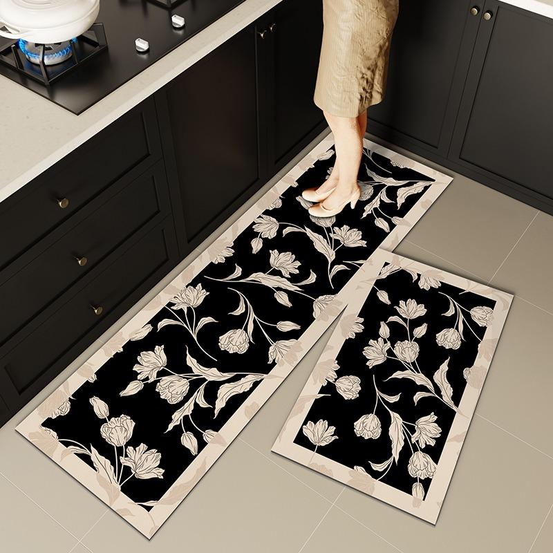 Carpet for Kitchen Non-slip Oil-resistant Erasable Leather Floor Mat Black Flower Water PVC Rugs Home Decoration Long Size Mats
