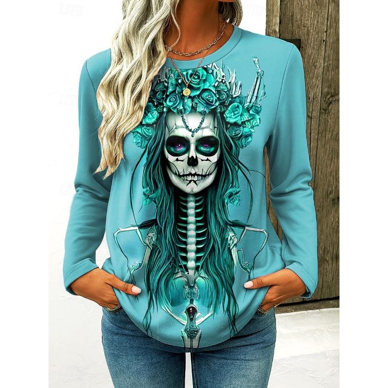 Women's Halloween 3D Printed Skull Long Sleeve Shirt Autumn Loose Casual Polyester Round Neck Fashion Casual Top