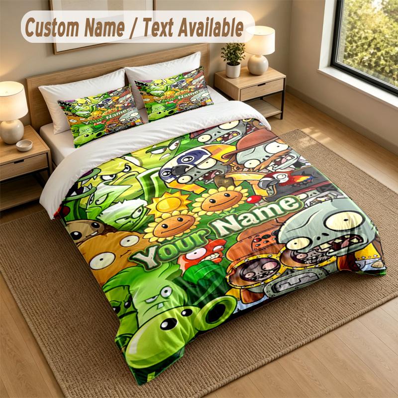 Custom Name Text Bedding 3Pcs Set,Plants Vs. Zombies 1 Duvet Cover 2 Pillowcases Soft Bed Linen For Gift