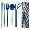 8pcs Portable Travel Knife Fork Spoon Chopsticks Straw Dinneware Set Blue Cutlery Set 304 Stainless Steel Silverware with Pouch