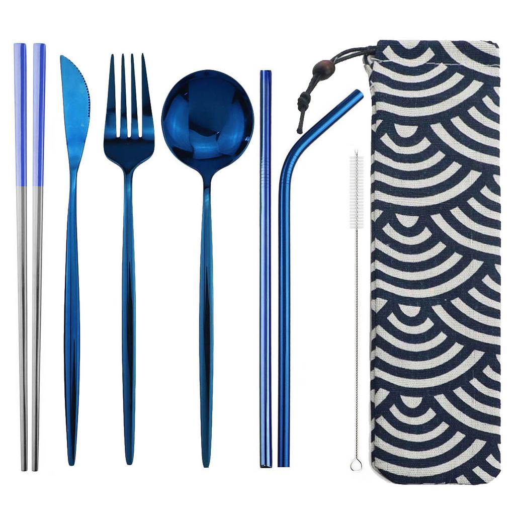 8pcs Portable Travel Knife Fork Spoon Chopsticks Straw Dinneware Set Blue Cutlery Set 304 Stainless Steel Silverware with Pouch
