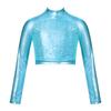 Kids Girls High Neck Glitter Crop Top Metallic Long Sleeve T-Shirt Ballet Dance Leotard Gymnastics Performance