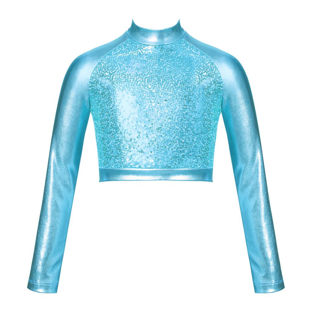 Kids Girls High Neck Glitter Crop Top Metallic Long Sleeve T-Shirt Ballet Dance Leotard Gymnastics Performance