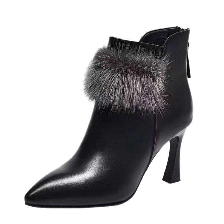 2025 New Autumn and Winter Shoes Stiletto High Heels Small Heel Back Zipper Pointed Short Boots Velvet Thermal Women's Shoes Cotton Boots