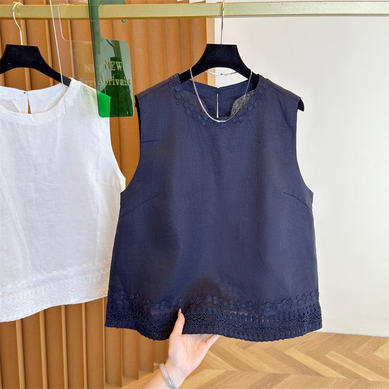 

Korean Style Sleeveless Linen Blouse - Women s 2025 Summer Embroidered Round Neck Top XXL темно-синього кольору