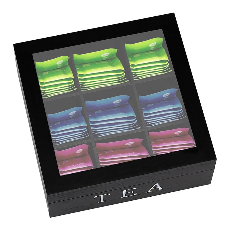 Holz Teebeutel Aufbewahrungsbox mit Klarsichtdeckel 9 Fächer Quadratischer Behälter Schreibtisch Schmuck Organizer Teebox Etui